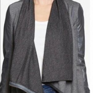 Faux Black Leather and Dark Gray Jacket with Draped - Asymmetrical Front
